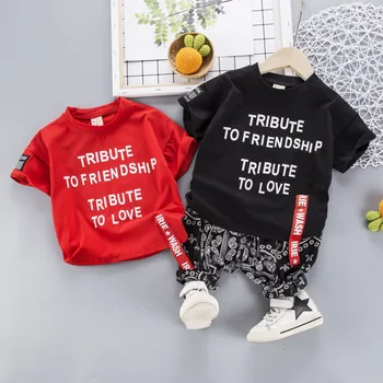 

Boys Girls Clothes Baby Summer Boy Letter Short Sleeve T shirt +print Loose Harem Pants Hip Hop Fashion 2Pcs Suit