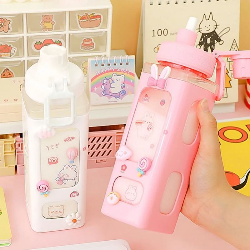 Kawaii Pastel Straw Bottle New Transparent Square Cute Water Bottles Large Capacity Travel Outdoor Sport Cycling Bottle BPA Free sports water bottle sports bottle water bottle