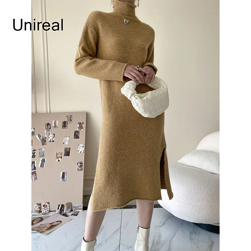 

Unireal 2022 Autumn Winter Women Turtleneck Knitted Dress Vintage Chic Thick Long Sleeve Slit Female Sweater Dress