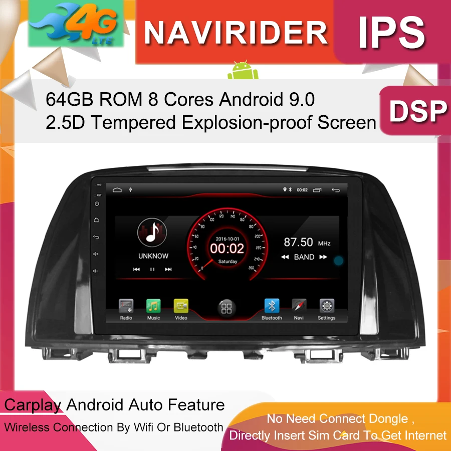 Excellent Car Multimedia Player 9inch IPS Screen Monitor GPS tape recorder Bluetooth Android 9.0 For MAZDA 6 2014 2015 2016 Auto Audio 0