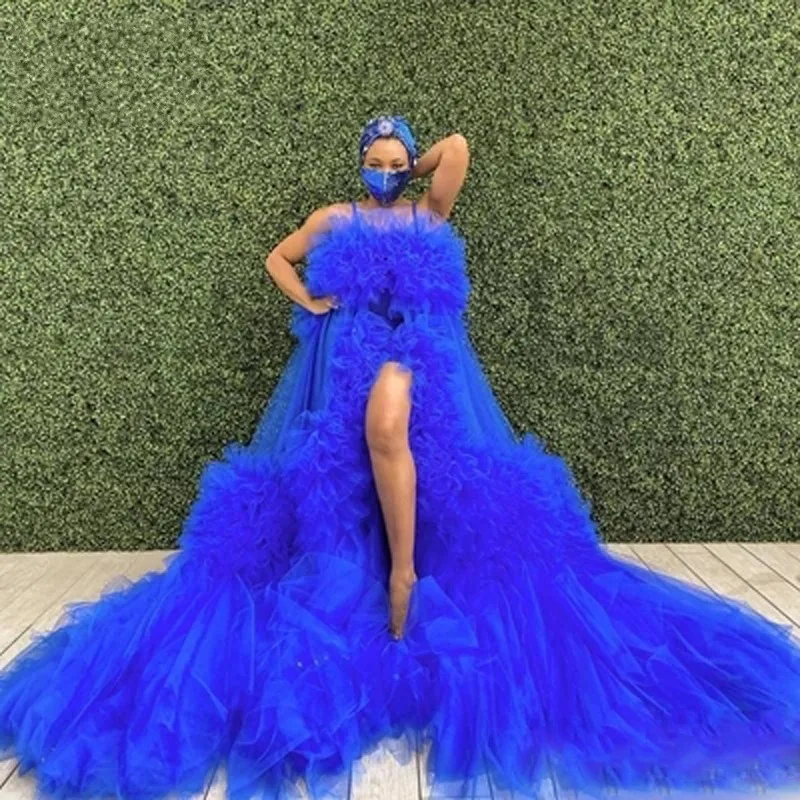 

Royal BlueOverlay Prom Dresse For Women Maternity Dresses For Photo Shoot Baby Shows Front Split Plus Size Tulle Robes Vestidos