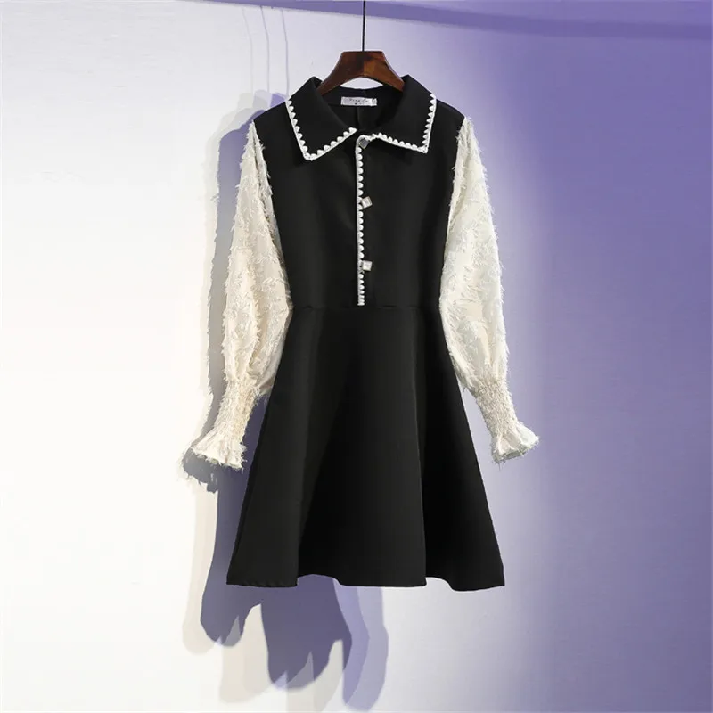 2020 Spring Korean Lantern Sleeve Patchwork A-line Dress Women Elegant Office Plus Size Ladies Dresses Vestidos 4XL Q1231 | Женская