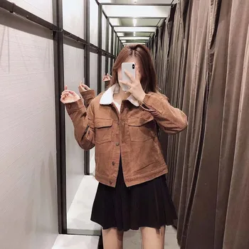 

Lapel Single-breasted Lamb Cashmere Short Corduroy Jacket Coats Faux Lamb Cashmere Collar Solid Color Overwear Corduroy Overcoat