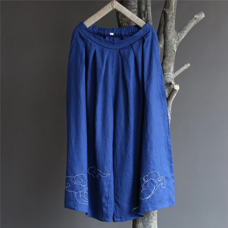 Johnature льняные широкие брюки для женщин, брюки с эластичной талией и вышивкой, осень, Новые однотонные женские свободные брюки