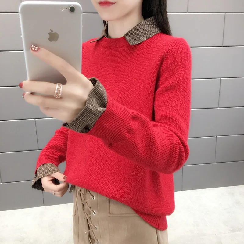 Sweater female new autumn fake two-piece head casual fashion loose shirt collar sweater solid color bottoming shirt women