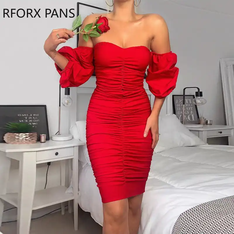 off shoulder ruched bodycon dress