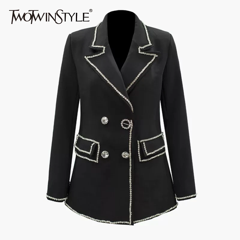 

TWOTWINSTYLE Diamond Patchwork Women's Blazer Notched Collar Long Sleeve Elegant Autumn Female Coat 2019 Fashion Clothing