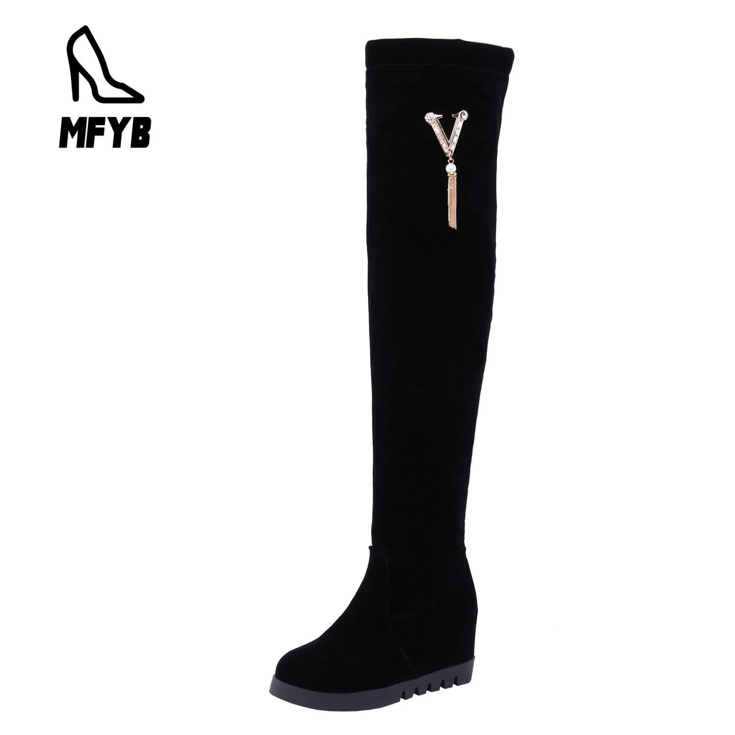 

MFYB Women's boots 2019 autumn new fashion high-heeled wedges women's shoes suede large size 34-43 over the knee women's boots