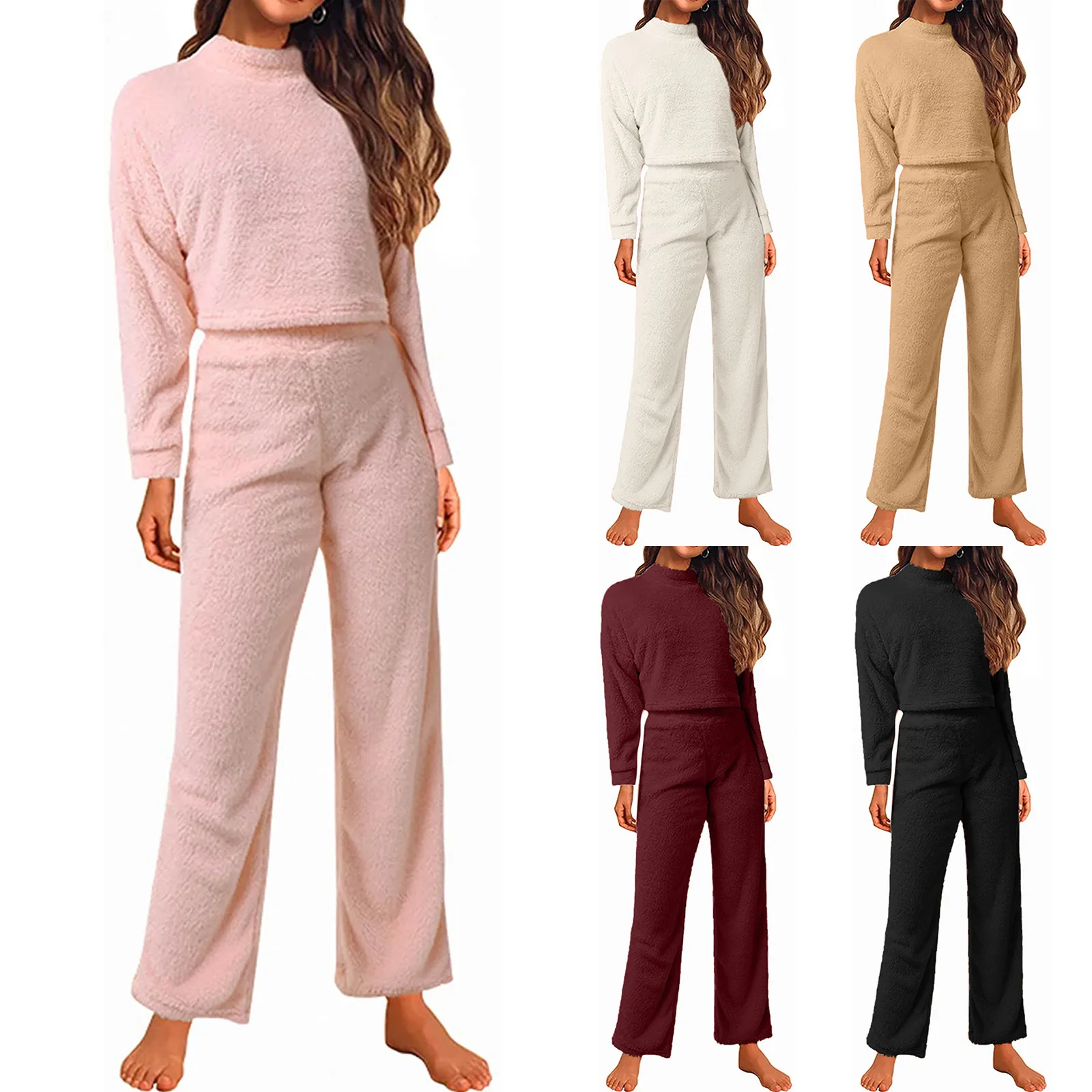 Winter Women Plush 2 Pieces Set Solid Color Long Sleeve Top And Long Pant Outfits Casual Loose Thick Warm Homewear Ropa Mujer 2