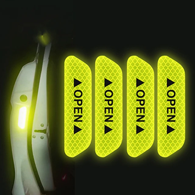 4PCS/Set Car Door Stickers Universal Tape Safety Warning Mark OPEN High Reflective Tape Auto Driving Safety Reflective Strips green