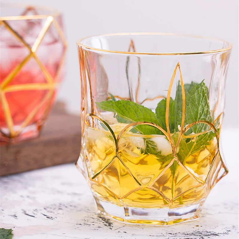 Whiskey Glass European Vintage Gold-Edged Crystal Glass Vodka Cup Short Leg Home Bar Beer Flute Champagne Classical
