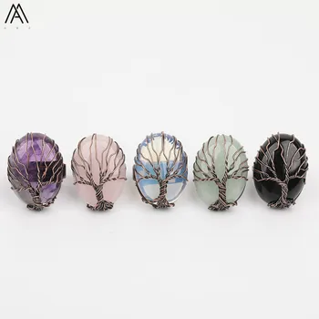 

Unique Women Black Agates Stone Tree Of Life Bronze Ring Adjustable,Oval Amethysts Quartz Crystal Ring Jewelry Women FR-218AMAB