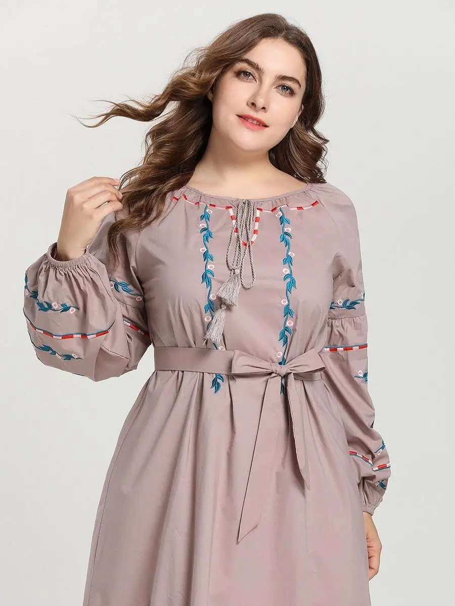 Kaftan abaya винтажное платье с длинными рукавами и вышивкой женское мусульмане арабы jilbaw Robe с круглым вырезом плюс размер свободное осеннее