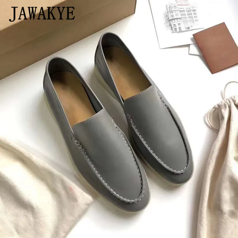 grey leather Новинка; женские замшевые лоферы из натуральной кожи; Повседневная обувь без застежки с круглым носком; удобная бежевая женская обувь для прогулок - Цвет: grey leather