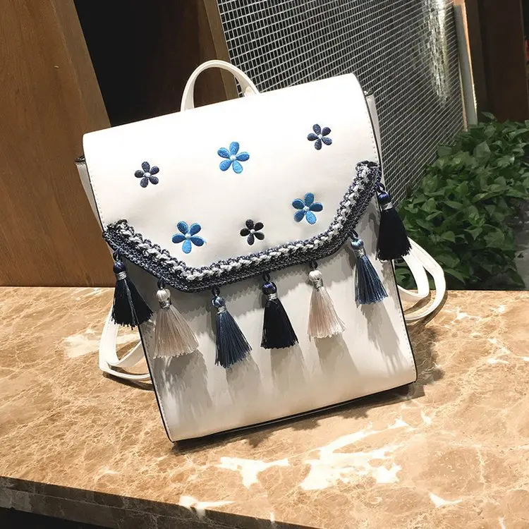 

2019 Spring And Summer New Style Embroidered Backpack Women's Korean-style Multi Purpose Tassels Pu Fashion Backpack Casual Scho
