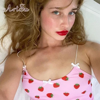 

ArtSu Bow Strawberry Print Cute Pink Strap Tops Summer Women Sexy Backless Bodycon Crop Tops Party Streetwear Cami Top ASVE21067