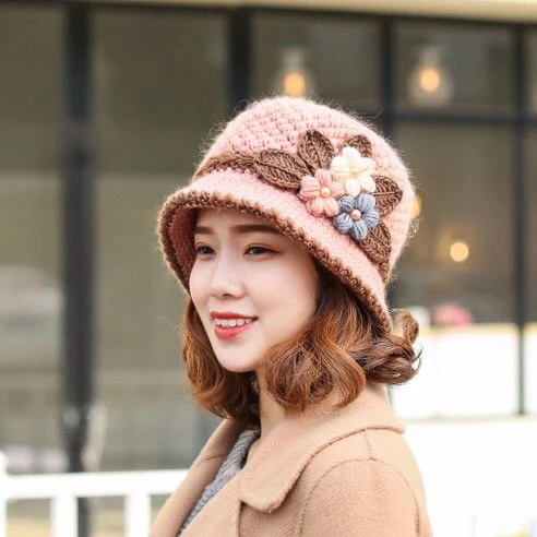 Autumn Winter Knitted Female Three-Dimensional Flower Plush Fisherman Hat Basin Hat Mother Hat Fashion Old Age Cap Khaki 2