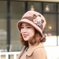 Autumn Winter Knitted Female Three-Dimensional Flower Plush Fisherman Hat Basin Hat Mother Hat Fashion Old Age Cap Khaki 2