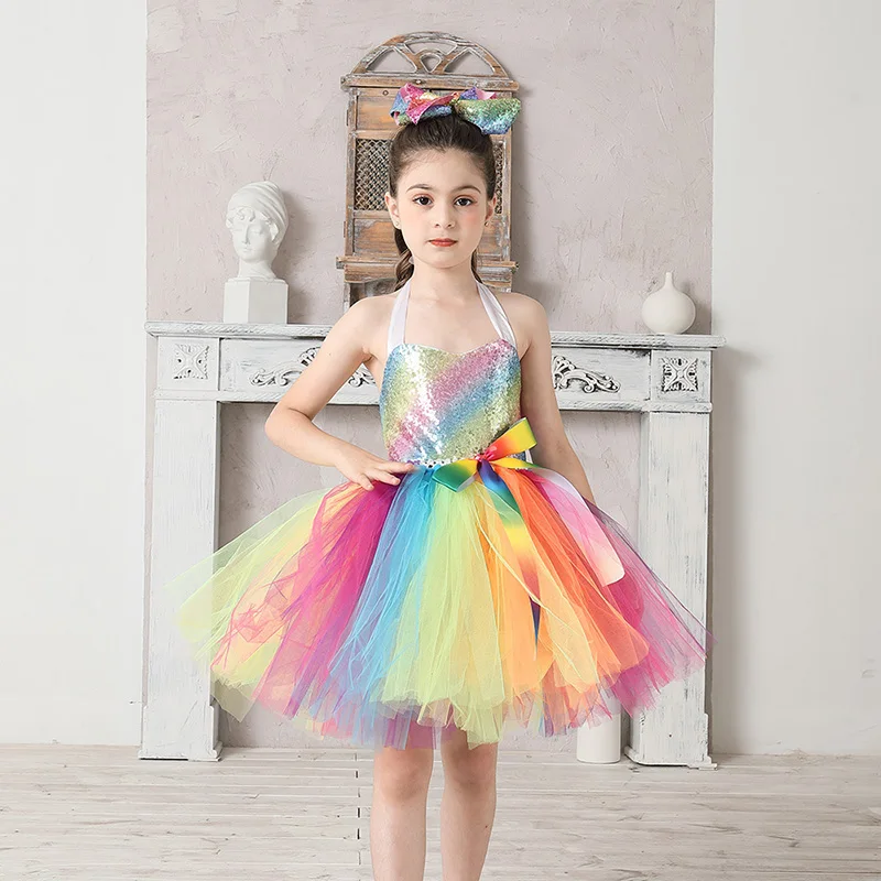 Rainbow Sequins Girl Princess Tutu Dress Kids Wedding Birthday Party Pageant Tulle Dresses Vestidos Children Bow Clothing (2)