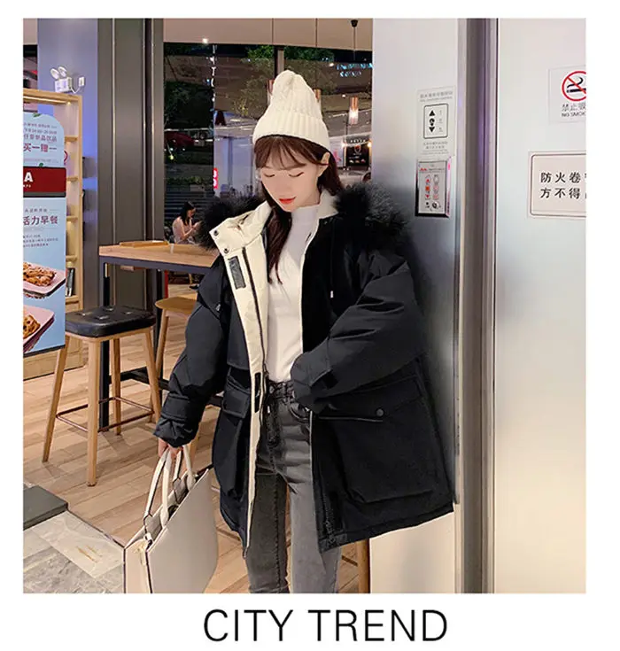 Зимние пальто для женщин, большой меховой воротник, хлопковая стеганая куртка, женская тонкая модная оснастка Harajuku, свободная уличная одежда на вате f1918