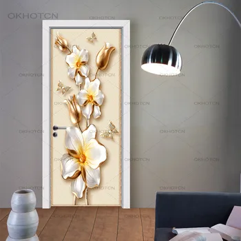 

Home Decor DIY Door Stickers PVC Waterproof 3D Print Golden Flowers Decoration Wallpaper For Bedroom Vintage Art Wall Stickers