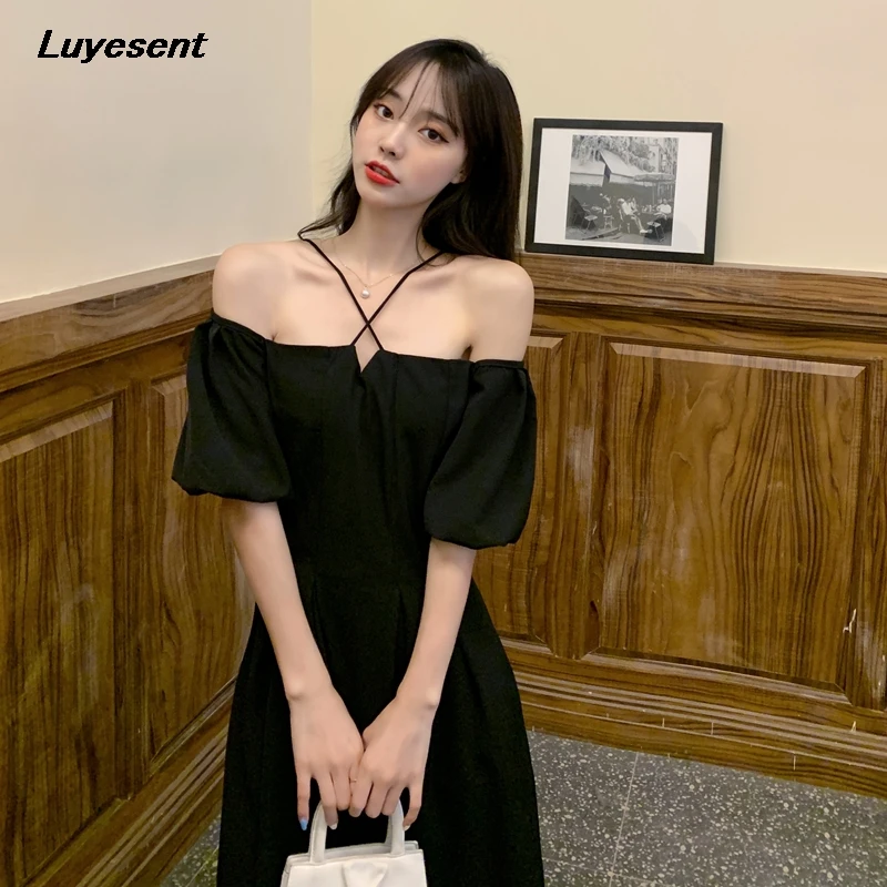 

Plus Size Black Lady Vintage Long Dress Empire Puff Sleeve Women Halter Elegant Dresses Summer Slash Neck Korean Fashion Clothes