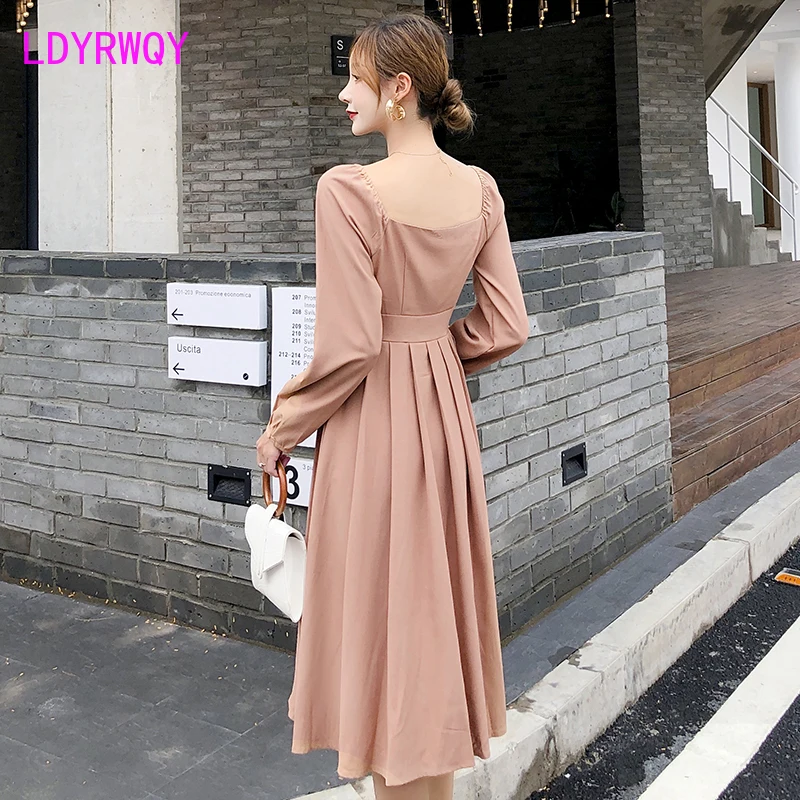 2019 autumn new French retro long-sleeved dress female Knee-Length  Regular  Solid  Office Lady