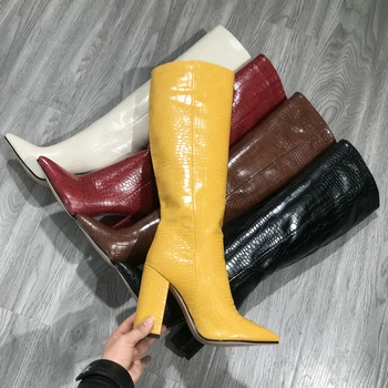 

Women's Knee-High Boots Fashion Western Boots Beige Black Brown Red Yellow Microfiber Leather Square Heel High Winter Long Boots
