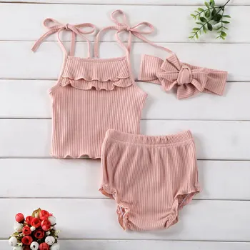 

Pudcoco Newborn Baby Girl Clothes Solid Color Sleeveless Strap Ruffle Tops Short Pants Headband 3Pcs Outfits Cotton Clothes
