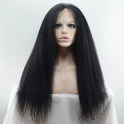 100% Real Remy Human Hair Lace Front Costume Wig Long Yaki Straight Black lace Wig for women 22 inch with body hair