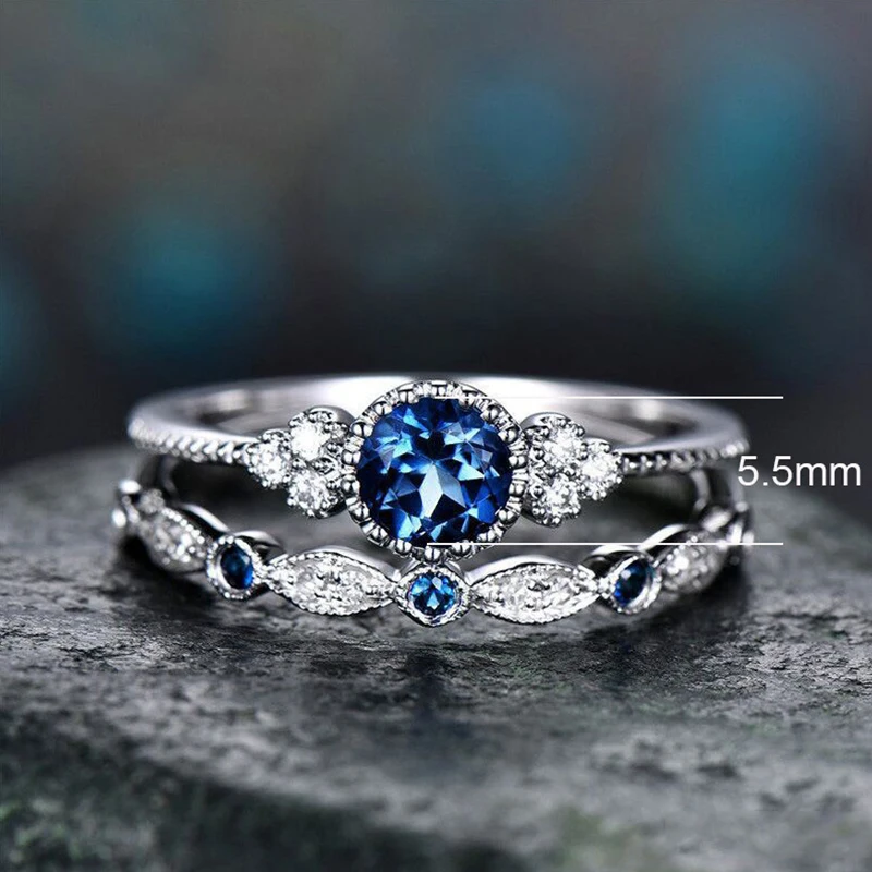 Ring Set 2Pcs/Set For Women Wedding Engagement, Green Blue Stone Crystal