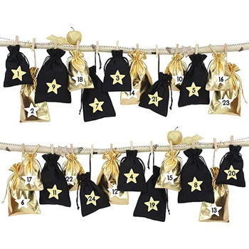 

24pcs Christmas Advent Calendar Countdown Bag Drawstring Bags Christmas Gift Bag with Clips Stickers Christmas Ornament