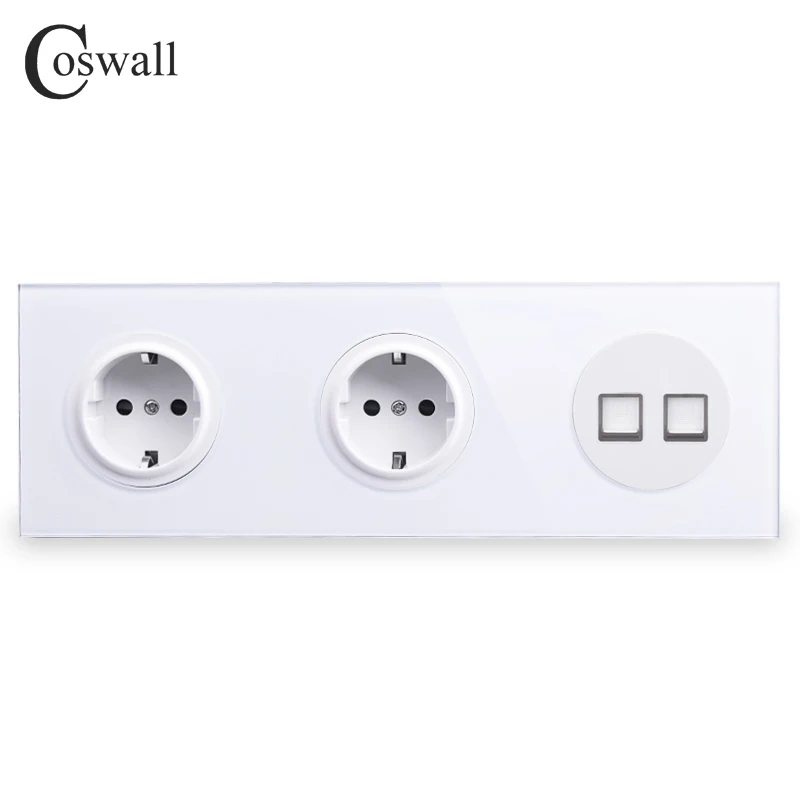 White Coswall панель из закаленного стекла 16A двойная настенная розетка стандарта ЕС+ 2 банды CAT5E RJ45 Интернет данных компьютерный разъем R11 серии - Тип: White