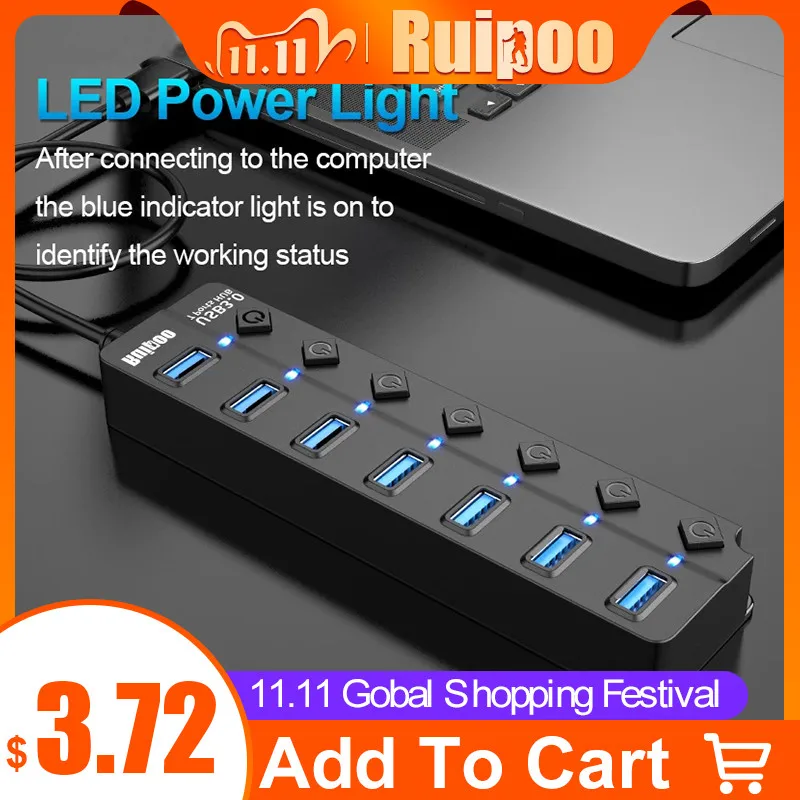 USB Hub 3.0 High Speed 4 / 7 Port USB 3.0 Hub Splitter On/Off Switch with EU/US Power Adapter for MacBook Laptop PC HUB USB 3.0 afbeelding