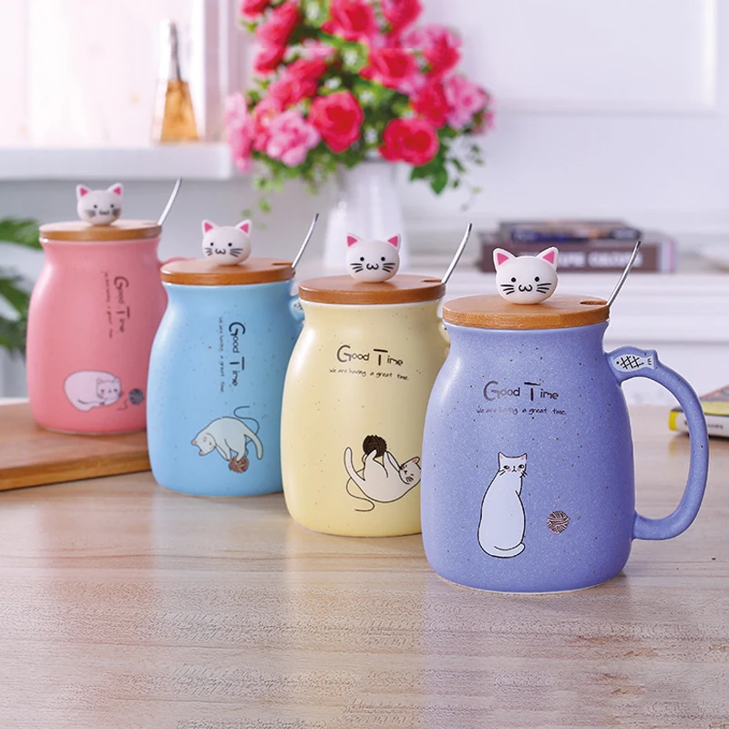 

420ml Cute Cat Mugs With Spoon Coffee Tea Cups With Handle Resistant Mok Cup Set For Drinking Creative Color Heat Resistant