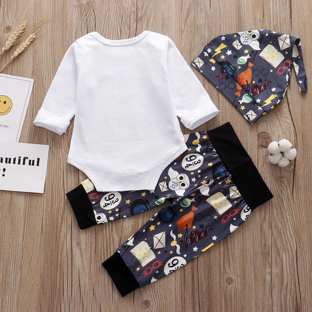 3PCS Sets Newborn Baby Boys Girls Clothes 2020 Summer Little Wizard Arrived Tops T-shirt+Halloween Pants+Hat Infant Baby Outfit baby clothing set red	