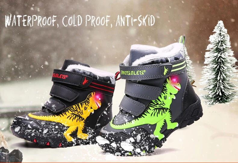 Dinoskulls/зимние ботинки для маленьких детей; обувь для мальчиков со светодиодной подсветкой; детские зимние ботинки; кожаная Теплая Флисовая светящаяся обувь с динозавром T-rex
