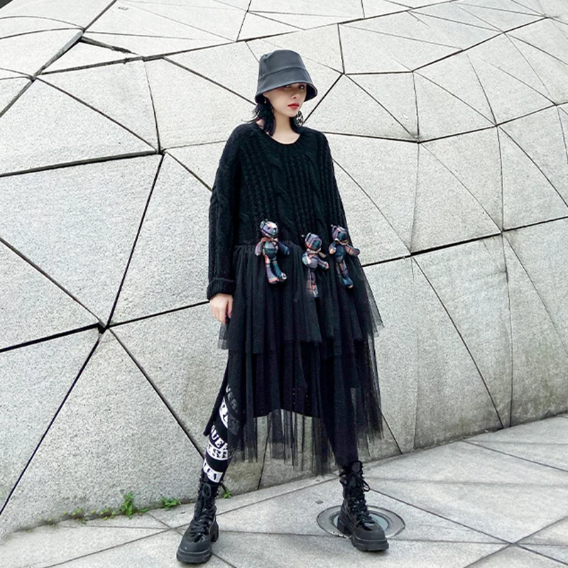 CHICEVER Patchwork Mesh Cartoon Knitted Sweater Women O Neck Long Sleeve Oversize Thick Pullovers Female Fashion Clothes