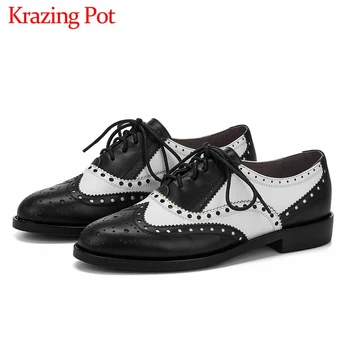 

Krazing Pot genuine leather mixed colors classic British style brogue carved round toe low heels lace up women leisure pumps L31