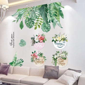 

[SHIJUEHEZI] Green Tropical Leaves Wall Stickers DIY Flower Plant Mural Decals for Living Room Kitchen Home Door Decoration