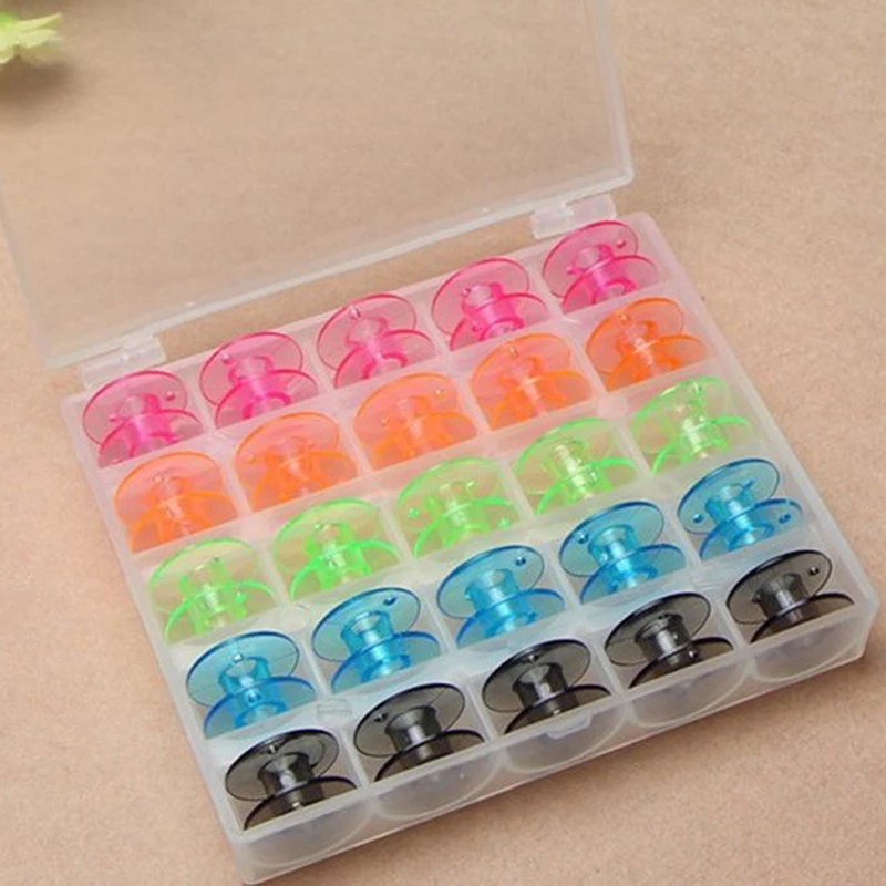 25 pcs Красочные Пластик Шпульки, набор в коробке катушки для швейных машин из металла и чехол для хранения коробка швейного оборудования аксессуары инструменты 25 шт./компл - Color: 25 pcs