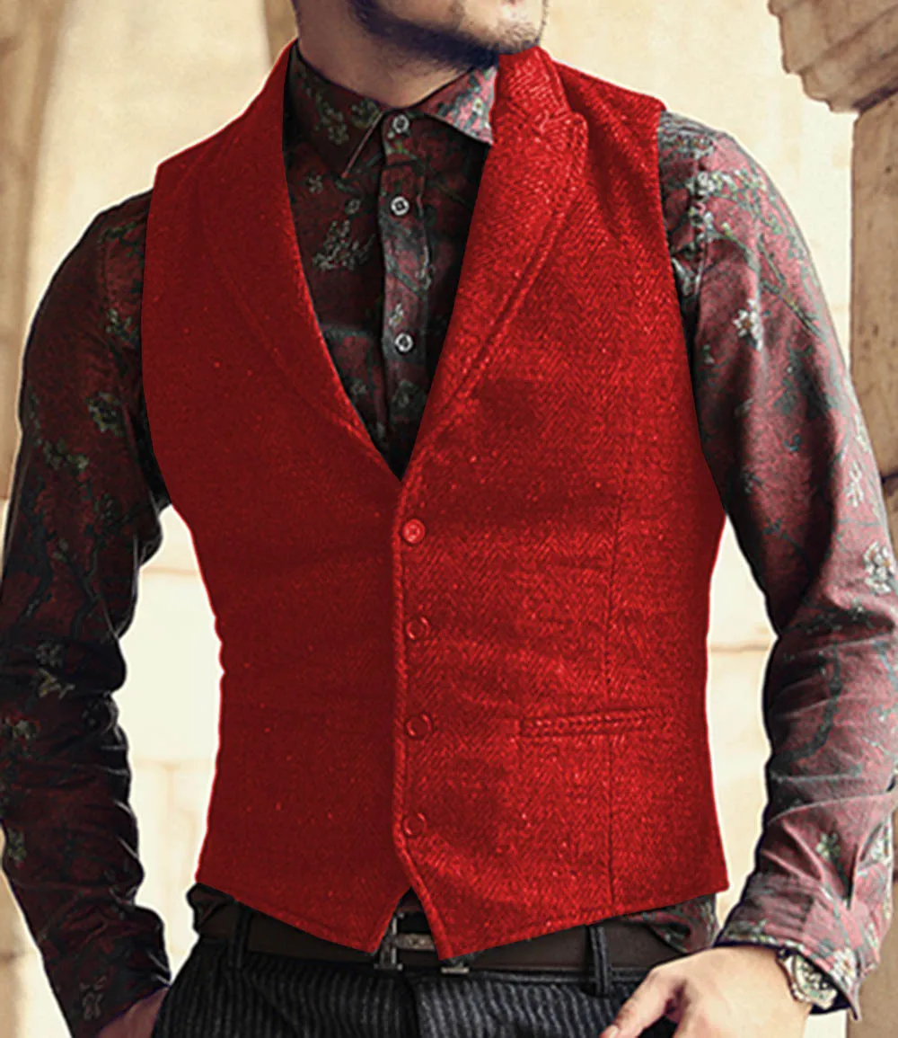 Мужской костюм жилет лацкан V образным вырезом шерсть елочка Повседневный официальный деловой жилет Groomman для свадьбы зеленый/черный/коричневый - Цвет: Red