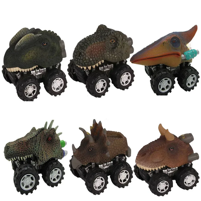 6pcs Set Toy Vehicle Dinosaur Model Mini Toy Car Inertial Back Small Truck For Kids Christmas Gift Set with Color Original Box