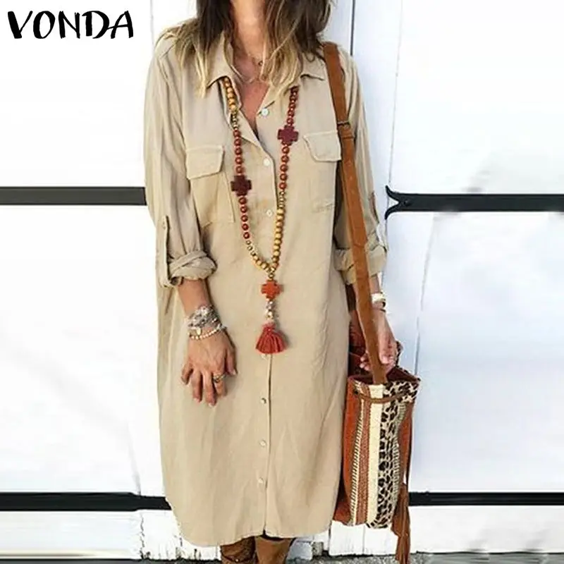Koop Vonda Office Dames Jurk Vrouwen Casual Losse Revers Hals Lange Mouwen Dress Party Vestidos 2019 Herfst Gewaad Plus Size Zonnejurk