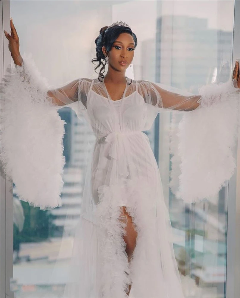 

Белое Тюлевое кимоно с оборками и длинным рукавом для невесты, пикантное кимоно, одежда для сна для беременвечерние женский халат, прозрачная ночная рубашка, Халат