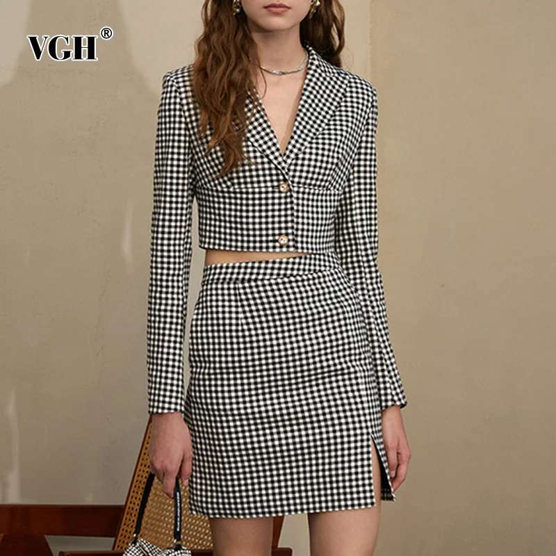 ECRURANI Gingham Sexy Skirt Suit For Women Notched Long Sleeve Short Blazers High Waist Skirts Female Casual Colorblock Set 2021 women s suit jacket autumn 2021 new casual loose all match coat korean fashion elegant professional blazers top female clothes