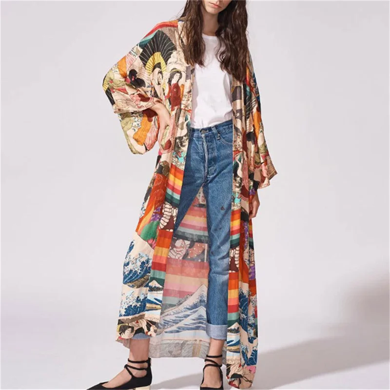 beach maxi dress with sleeves 2021 Summer Women Fashion Print Long Sleeve Cardigan Female Blouse Loose Casual Cover Up Shirts Beach Kimono Blusas Plus Size bikini and cover up set