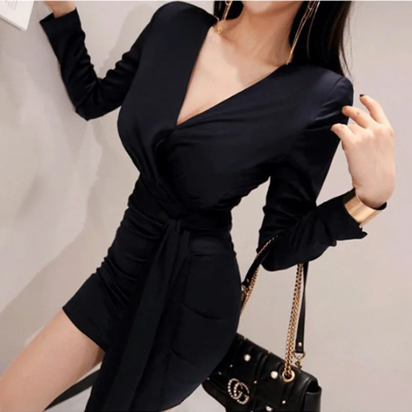 

WOMEN'S Dress 2018 Autumn New Style Korean-style Elegant Deep-V Chest Emphasizing Lace-up Waist Hugging Sheath Dress