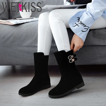 

WETKISS Black Flat Platform Women Boot Thick Heel Belt Buckle Short Boot Metal Decor Fashion Shoes Casual Simple Non Slip Shoes