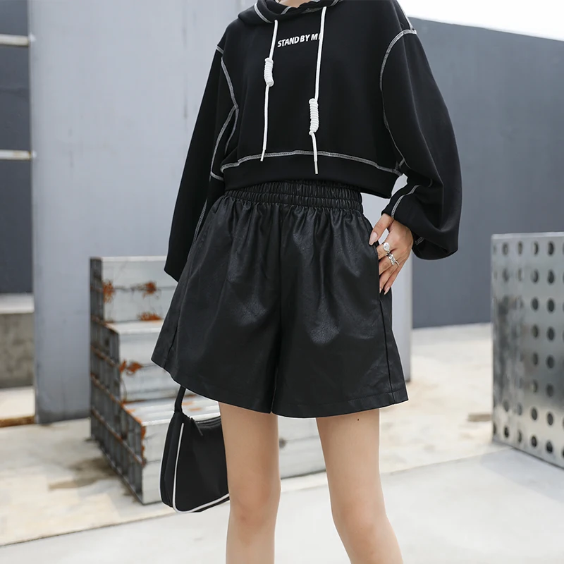 XUXI PU Shorts Women Elastic High Waist Large Size Autumn 2020 Fashion Outer Wear Slimming Streetwear Straight Loose FZ3198